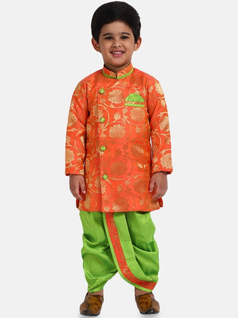 BownBee Boys Peach-Coloured & Green Woven Design Kurta with Dhoti Pants