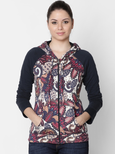 Rute Women Navy Blue & Maroon Printed Hooded Sweatshirt