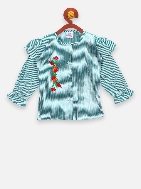 LilPicks Girls Green Striped Embroidered A-Line Top
