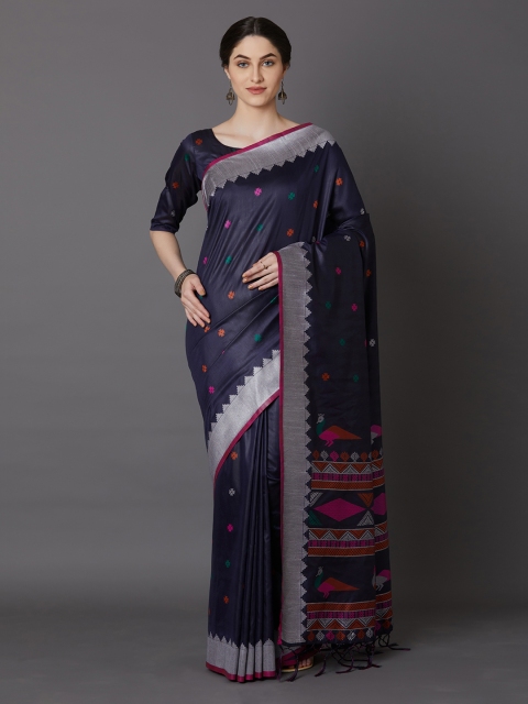 Mitera Navy Blue & Pink Silk Blend Printed Saree