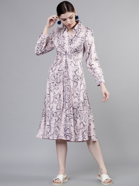 Tokyo Talkies Women Pink Printed A-Line Midi Dress