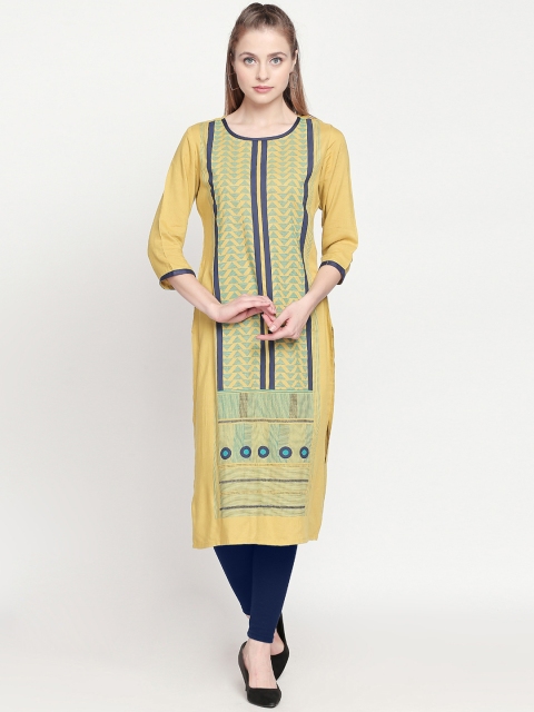 ZRI Women Mustard Yellow & Blue Printed A-Line Calf-Length Kurta