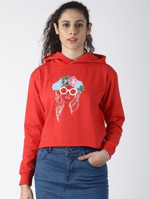 Blue Saint Women Red & Blue Printed Hooded Cropped Sweatshirt