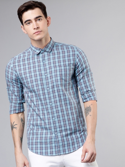 Ecko Unltd Men Blue & Maroon Slim Fit Checked Casual Shirt
