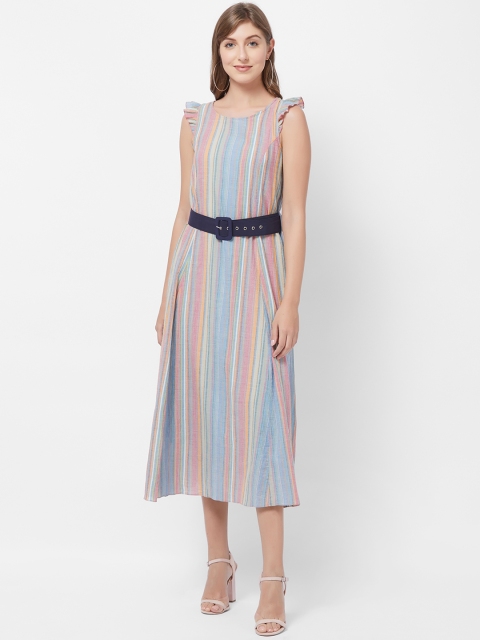 109F Women Multicoloured Candy Striped Fit and Flare Midi Dress, Multi