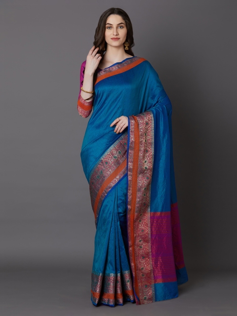 Mitera Blue Silk Blend Solid Banarasi Saree