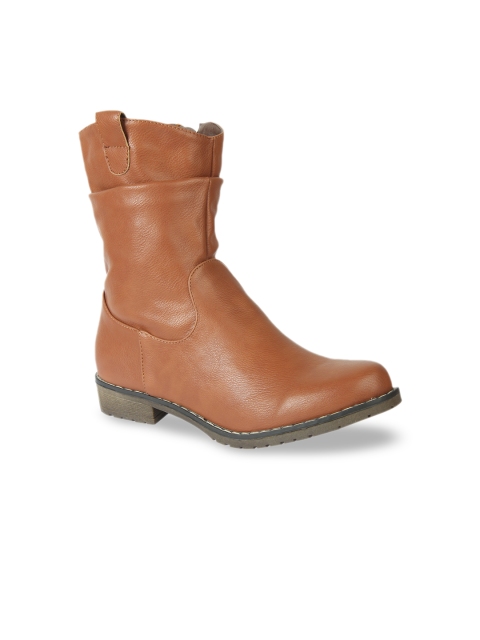 Flat n Heels Women Brown Solid Synthetic High-Top Flat Boots