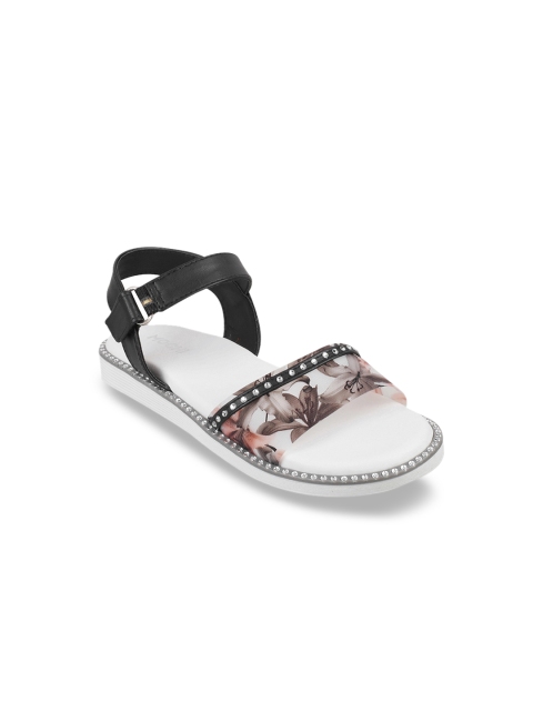 Mochi Girls Black Printed Open Toe Flats