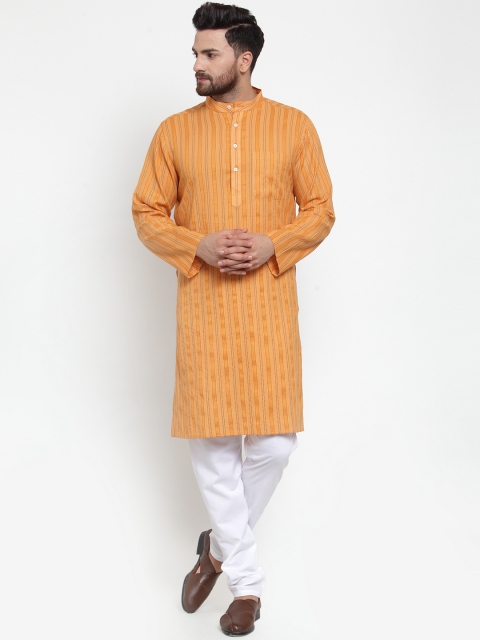 NEUDIS Men Orange Striped Straight Dhrohar Kurta