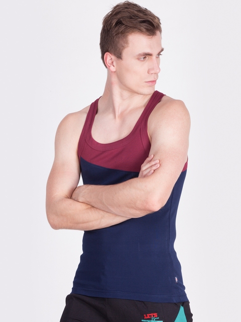 Force NXT Men Navy Blue & Maroon Colourblocked Innerwear Vest