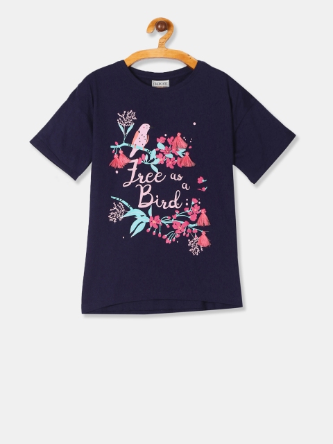 Cherokee Girls Navy Blue Printed Round Neck T-shirt