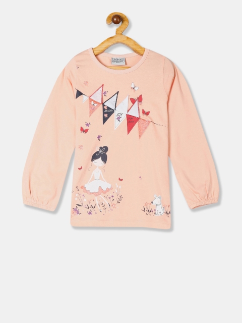 Cherokee Girls Orange & White Printed Round Neck T-shirt