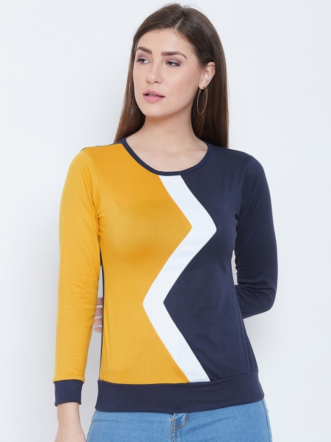 CHROME & CORAL Women Mustard Yellow & Navy Blue Colourblocked Round Neck T-shirt