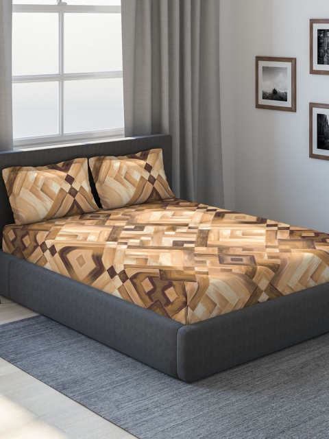 DDecor Brown Geometric 180 TC Cotton 1 King Bedsheet with 2 Pillow Covers
