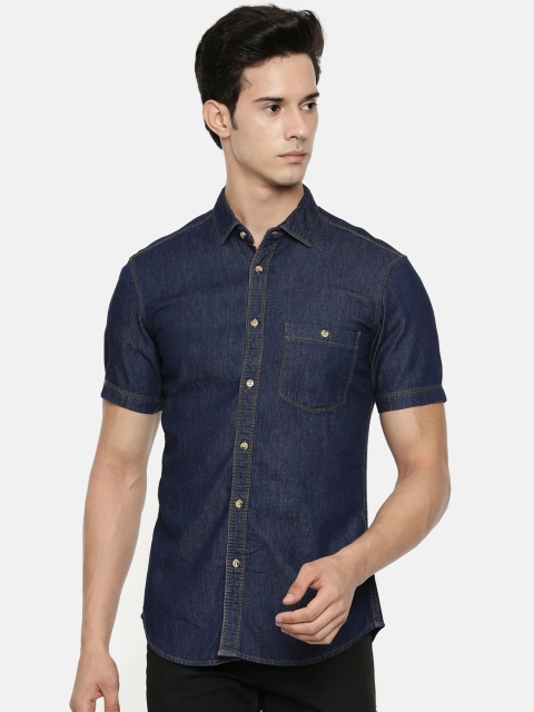 IMYOUNG Men Navy Blue Slim Fit Faded Casual Denim Shirt