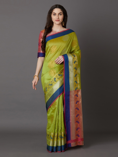 Mitera Green & Red Silk Blend Woven Design Banarasi Saree