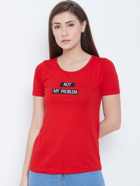 CHROME & CORAL Women Red Printed Round Neck T-shirt