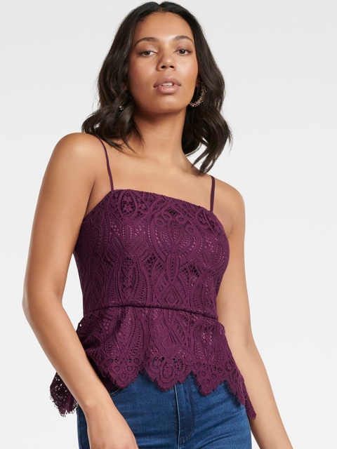 Forever New Women Burgundy Self Design Lace Peplum Top