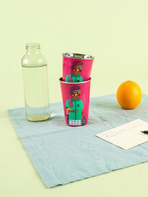 Chumbak Set Of 2 Pink & Green Hand-Painted Tumblers