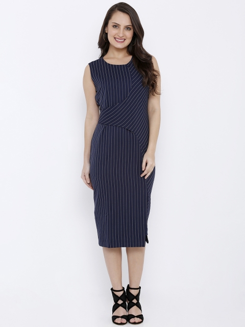 Soie Women Navy Blue Striped Sheath Dress