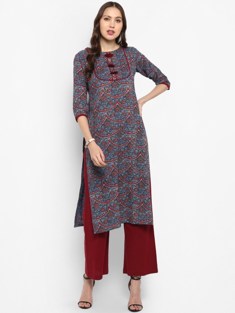 Janasya Women Blue & Maroon Printed Kurta with Palazzos