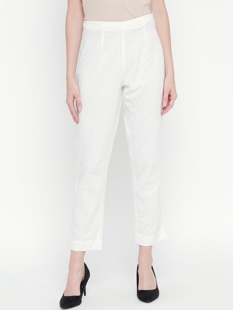 RANGMANCH BY PANTALOONS Women Off-White Regular Fit Solid Cigarette Trousers