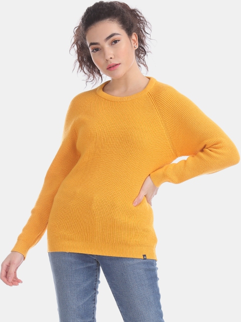 Aeropostale Women Mustard Yellow Solid Pullover Sweater