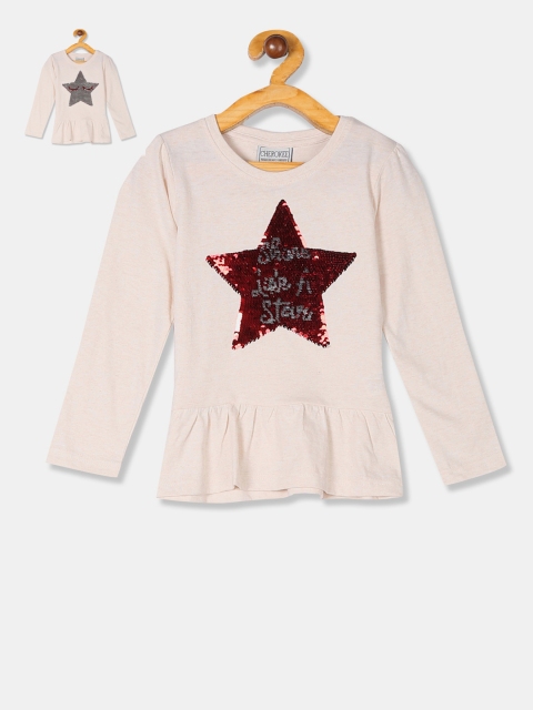Cherokee Girls Beige Flippy Sequin Top