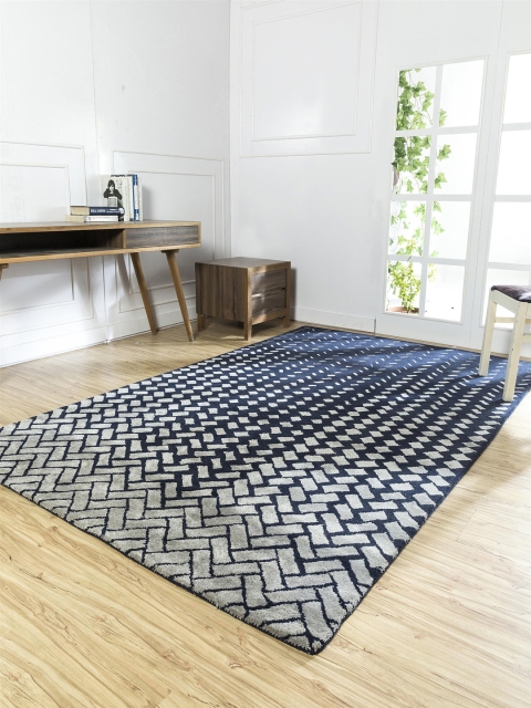 Jaipur Rugs Navy Blue & Grey Patterned Anti-Skid Handmade Carpet