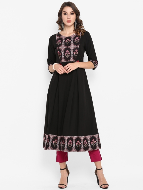 Janasya Women Black & Pink Printed A-Line Kurta