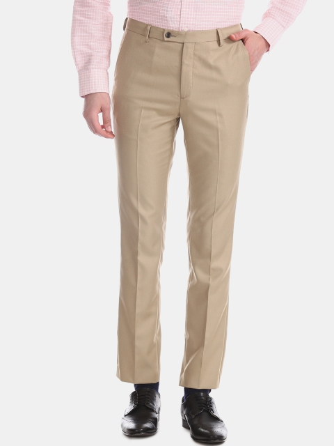 Arrow New York Men Beige Tapered Fit Self Design Formal Trousers