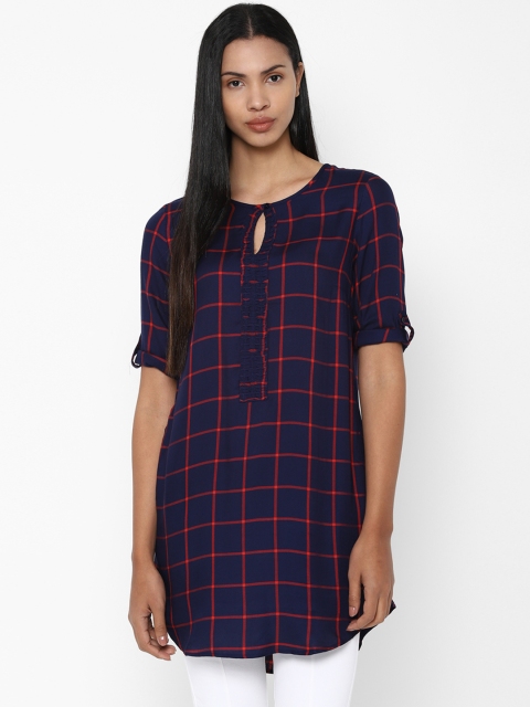 Allen Solly Woman Navy Blue & Red Checked Tunic