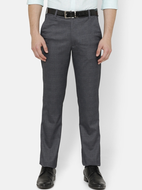 Double Two Men Grey Comfort Regular Fit Self Design Formal Trousers