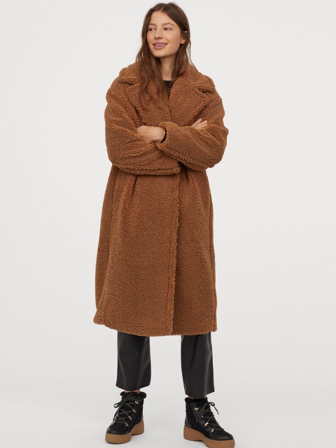 H&M Women Brown Solid Pile Coat