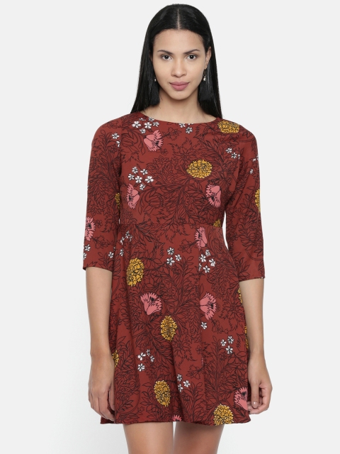 Chumbak Women Burgundy Floral Print Fit and Flare Dress