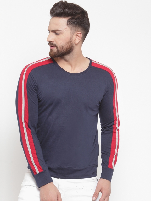 GESPO Men Navy Blue Striped Round Neck T-shirt