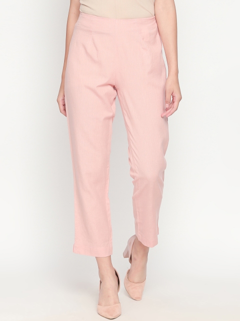 RANGMANCH BY PANTALOONS Women Coral Pink Regular Fit Solid Regular Trousers