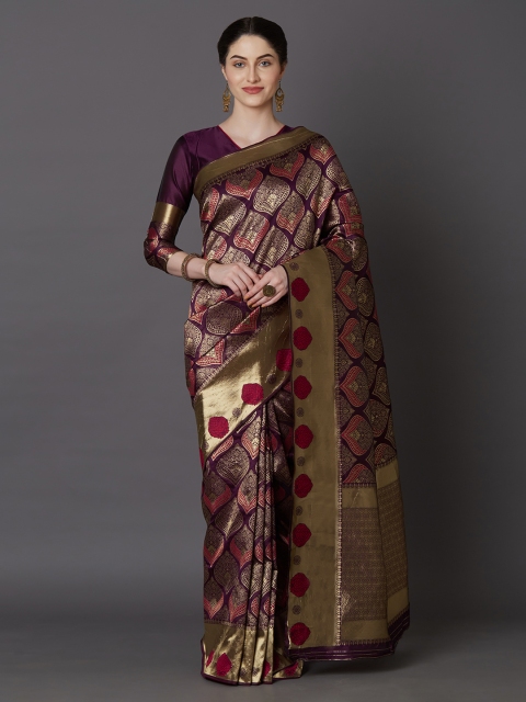 Mitera Purple & Red Silk Blend Woven Design Kanjeevaram Saree