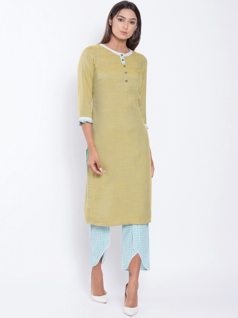 Be Indi Women Green & White Solid Kurta with Trousers
