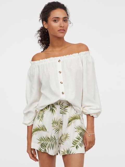 H&M Women White & Green Wide Shorts