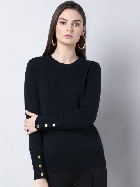 FabAlley Women Navy Blue Solid Pullover Sweater