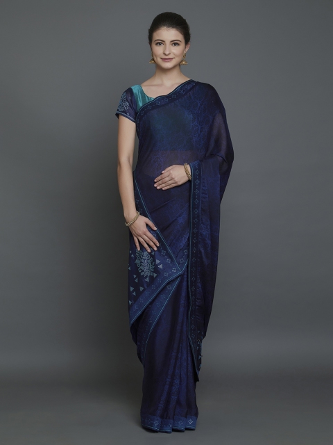Mitera Navy Blue Poly Georgette Embellished Banarasi Saree