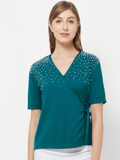 109F Women Teal Green Pearl Embellished Wrap Top