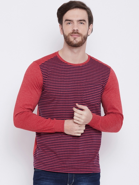 Adobe Men Red & Navy Blue Striped Round Neck T-shirt