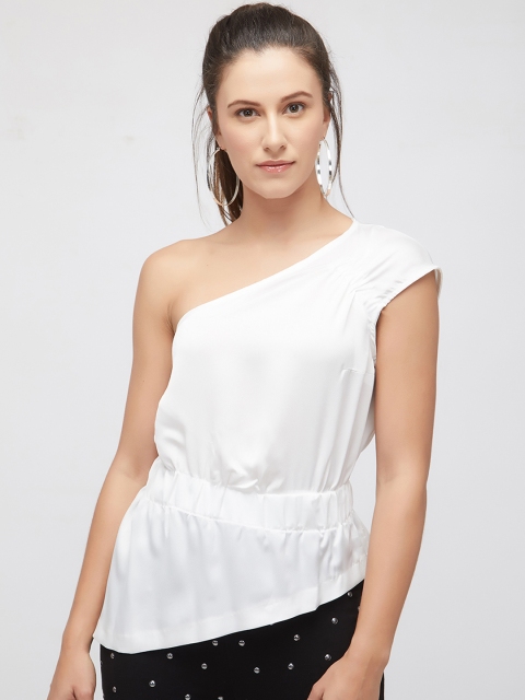 bebe Women White Solid Cinched Waist Top