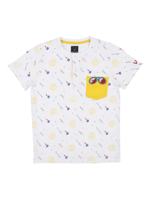Allen Solly Junior Boys White & Yellow Printed Henley Neck T-shirt