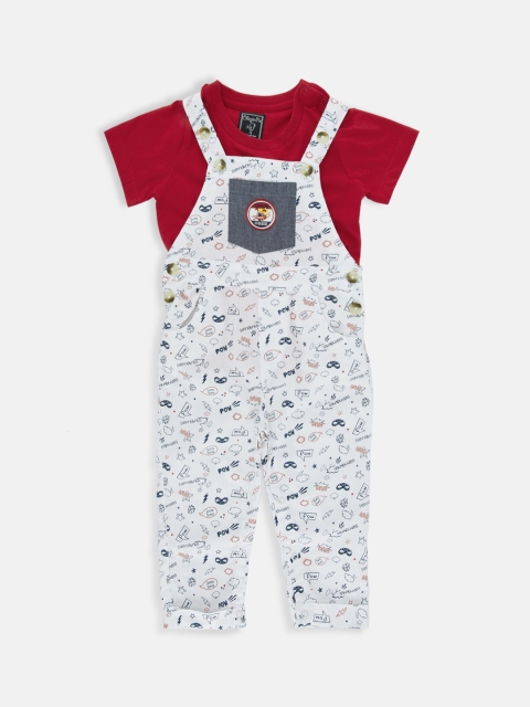 Chirpie Pie by Pantaloons Boys White & Red Solid T-shirt with Dungaree