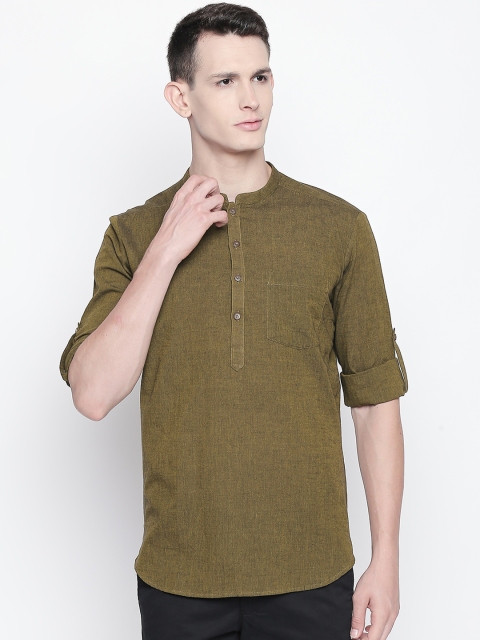 indus route by Pantaloons Men Olive Green Solid Straight Kurta