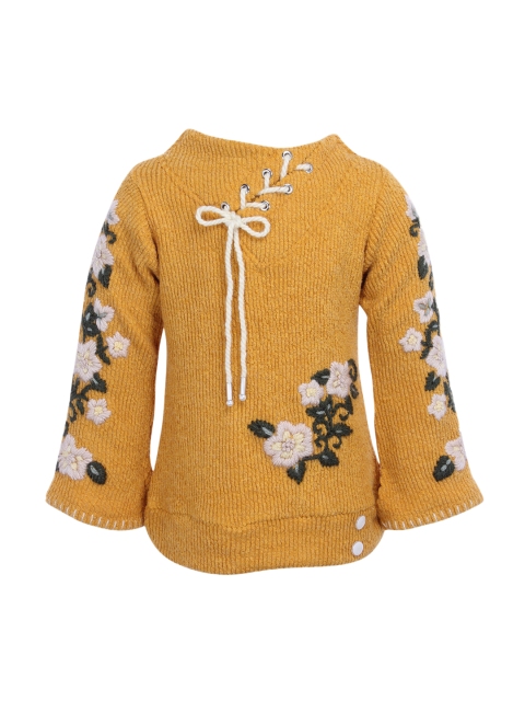 CUTECUMBER Girls Mustard Yellow Embroidered Top