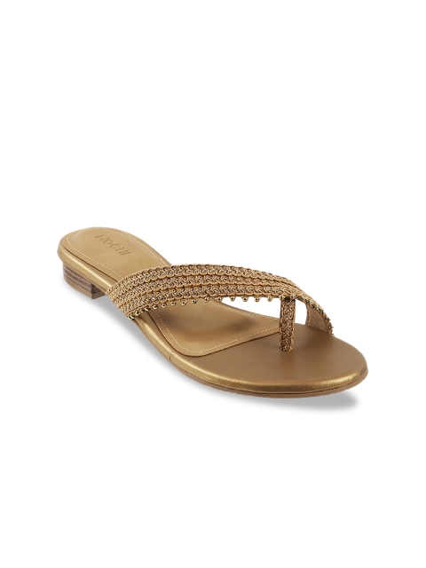 Mochi Women Gold-Toned Woven Design One Toe Flats